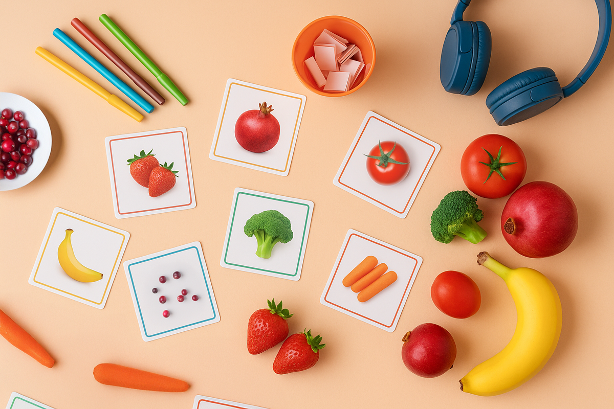 Fruit and vegetable cards arranged with real produce.
