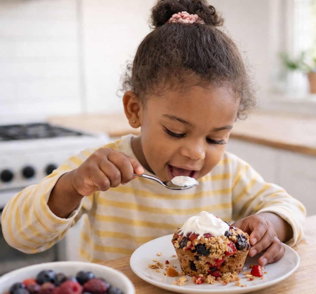 Child eating berry muffin with yogurt topping