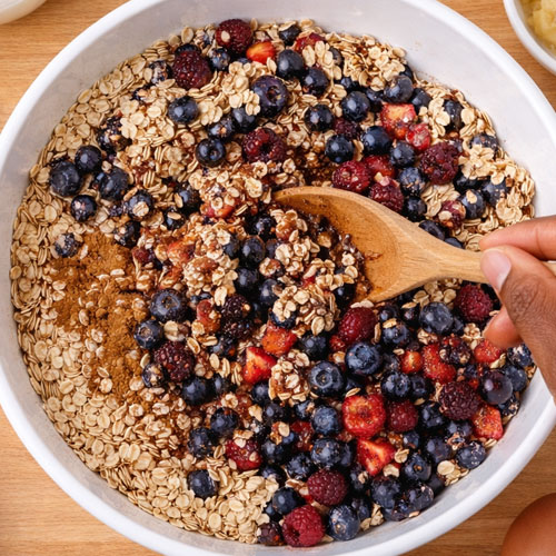 Mixing oats and berries with a wooden spoon
