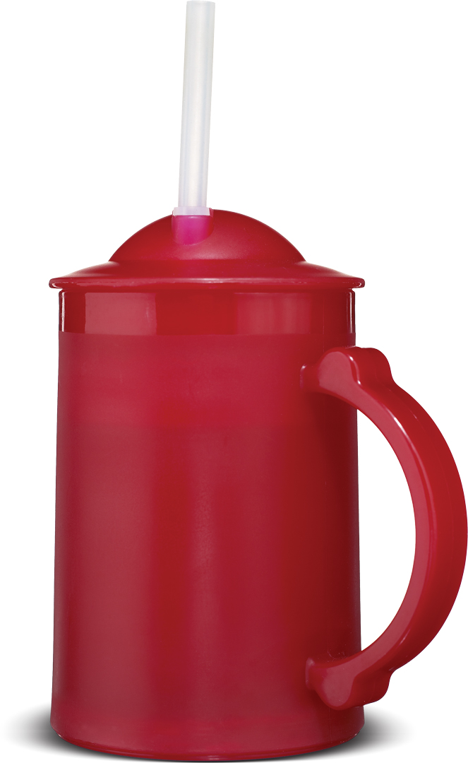 Red cup with handle and attached straw.