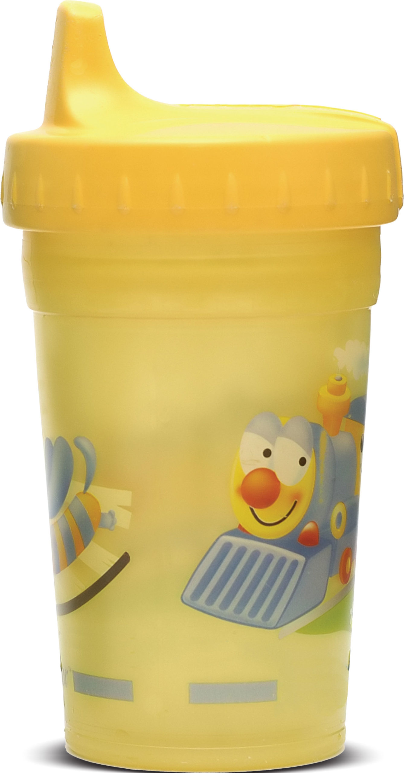 Yellow sippy cup with train design, smiling face.