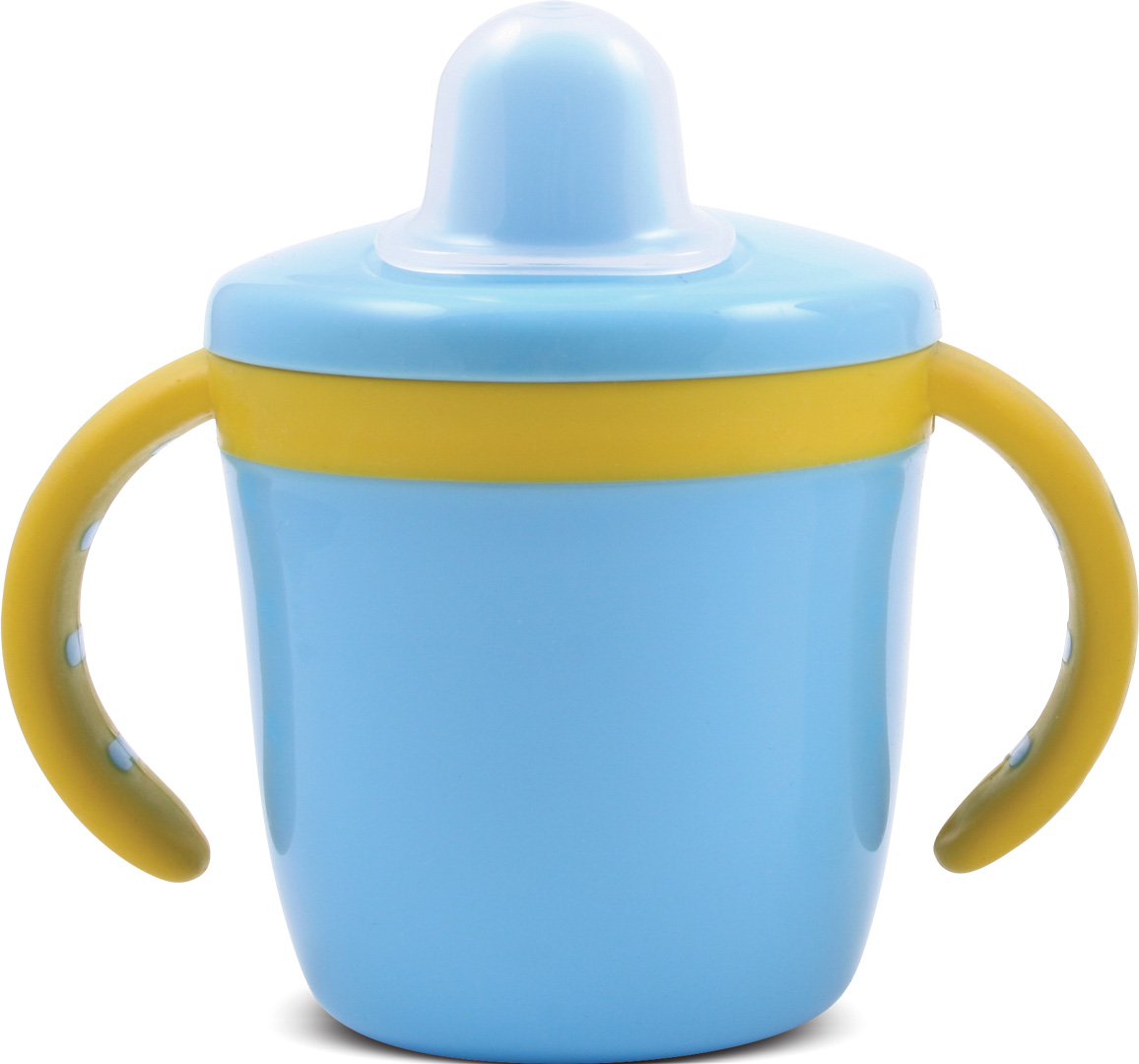 Blue sippy cup with yellow handles.