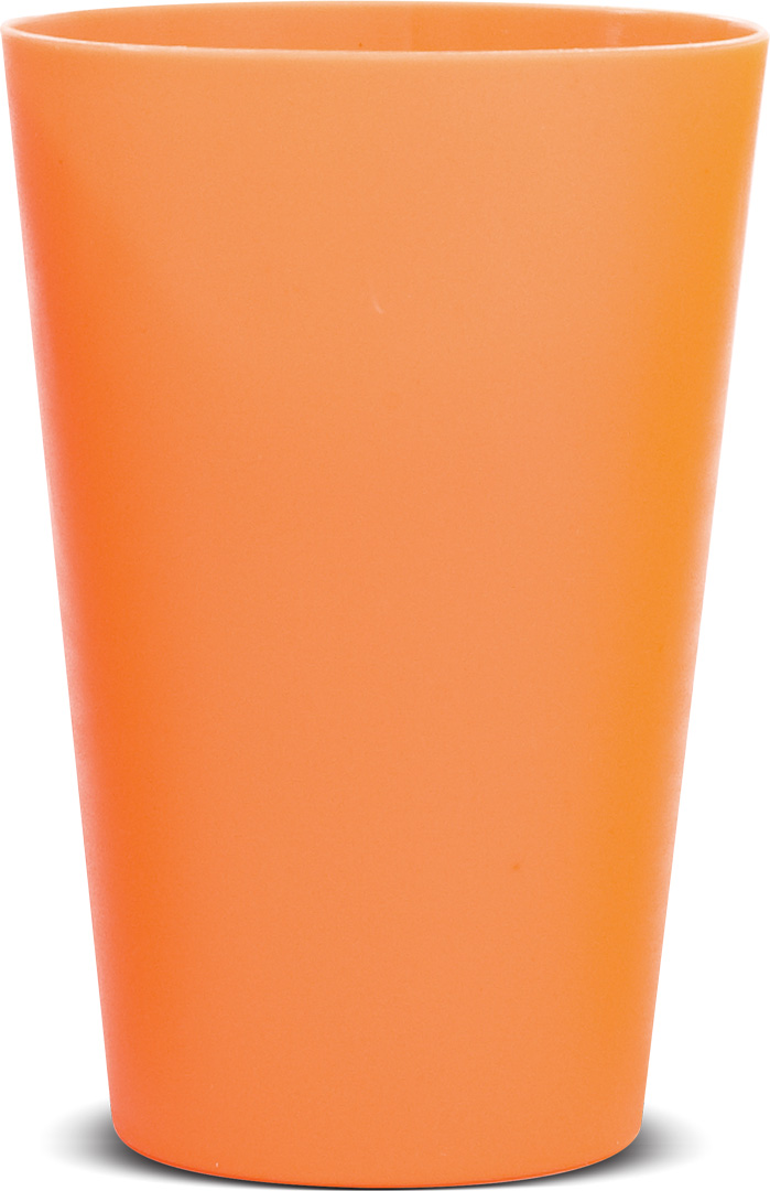 Orange plastic cup standing upright on white background.