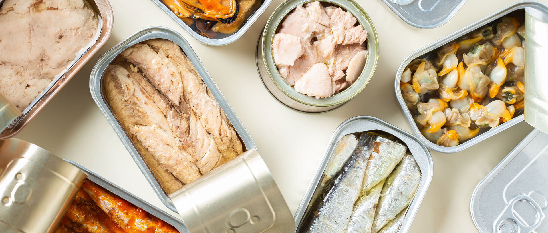 Assorted canned seafood and vegetables