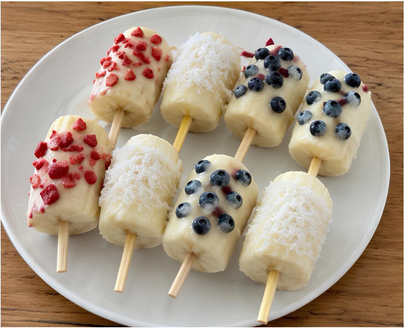 Banana pops topped with berries and coconut on plate