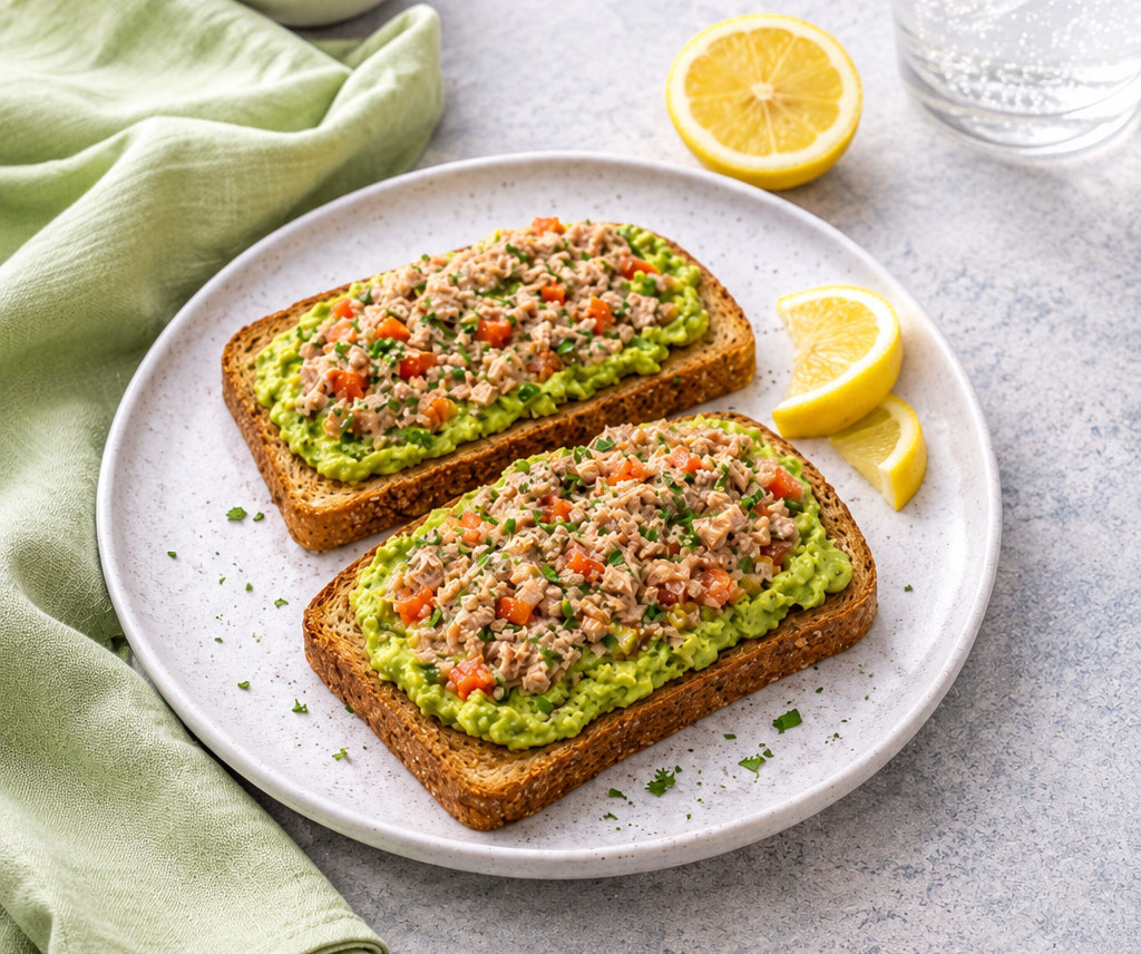 Avocado toast topped with tuna, garnished with lemon slices