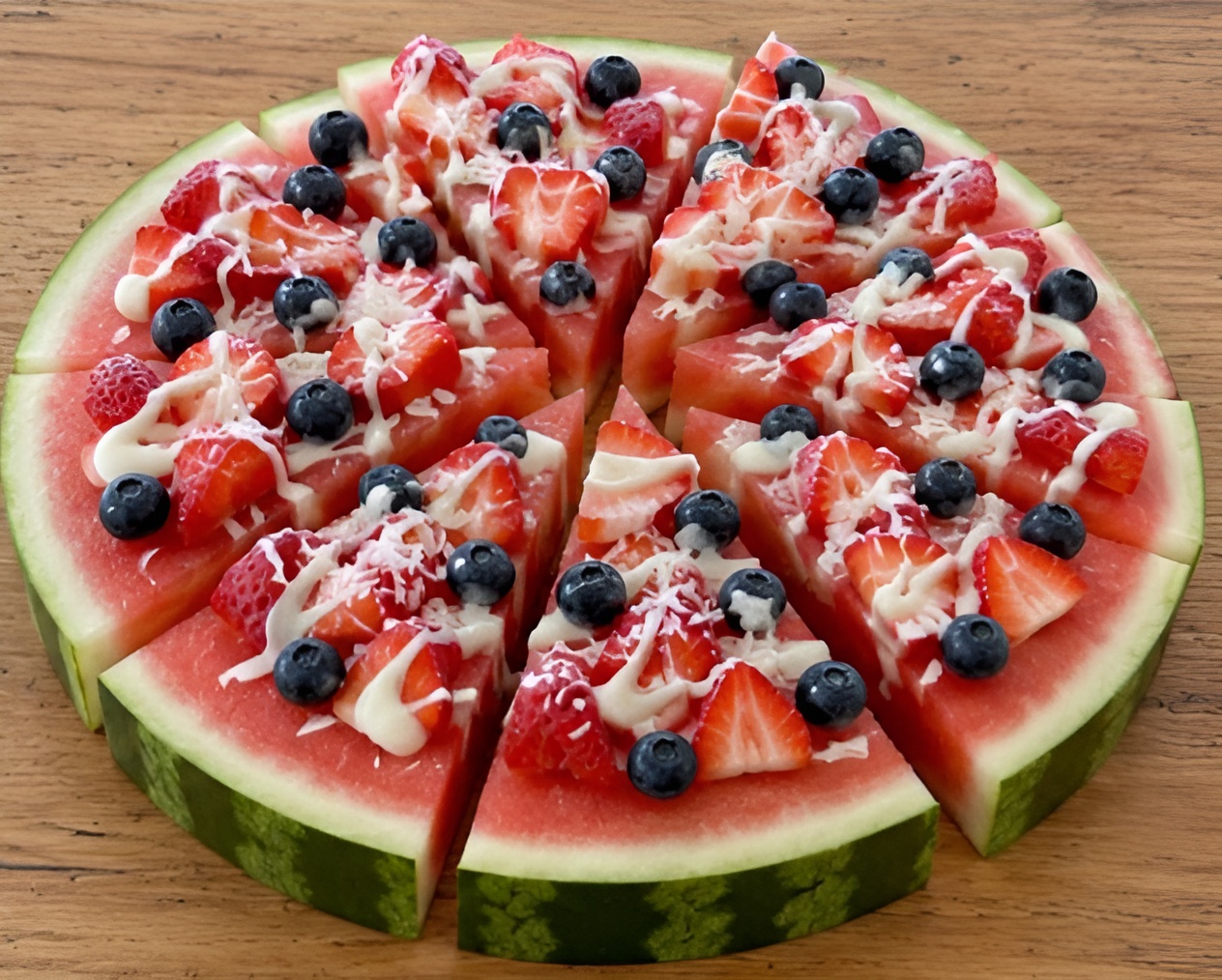 Watermelon slices topped with berries and shredded coconut