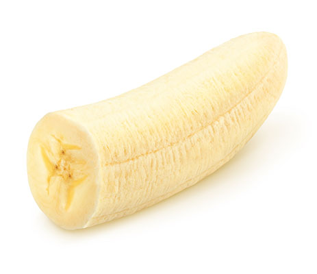 Half-peeled banana on white background